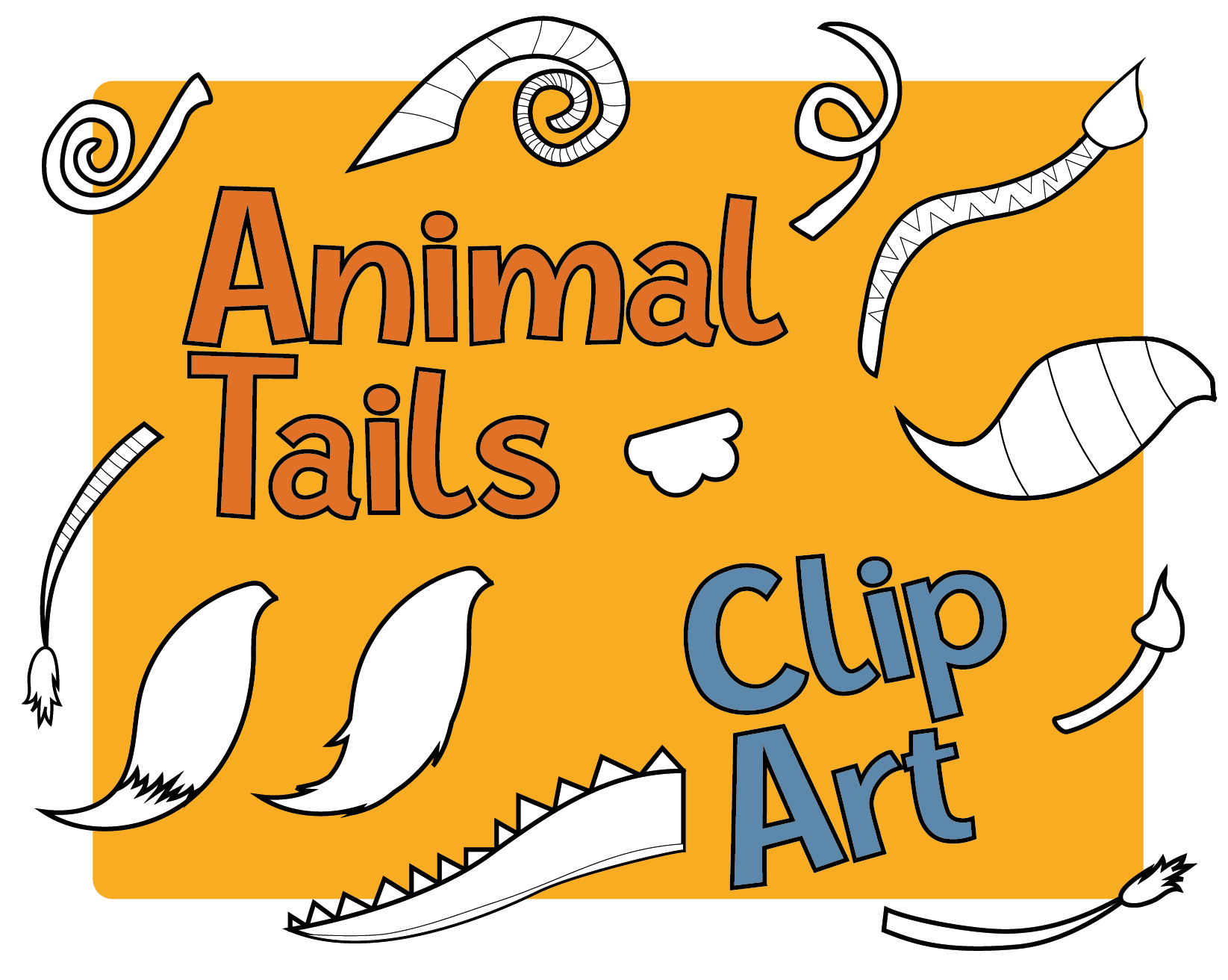 Colorable Black and White 20 Animal Tails Clip Art in PNG file – Lightdots